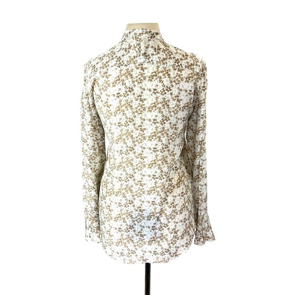 Karl Reiman Blouse Womens Size 4 White/Tan Silk Floral Ruffle Button Down Soft - Picture 3 of 7